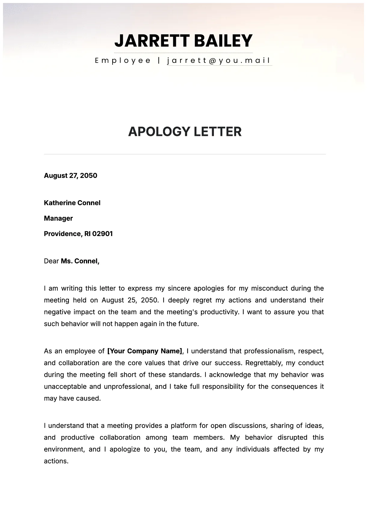 Letter of personal apology
