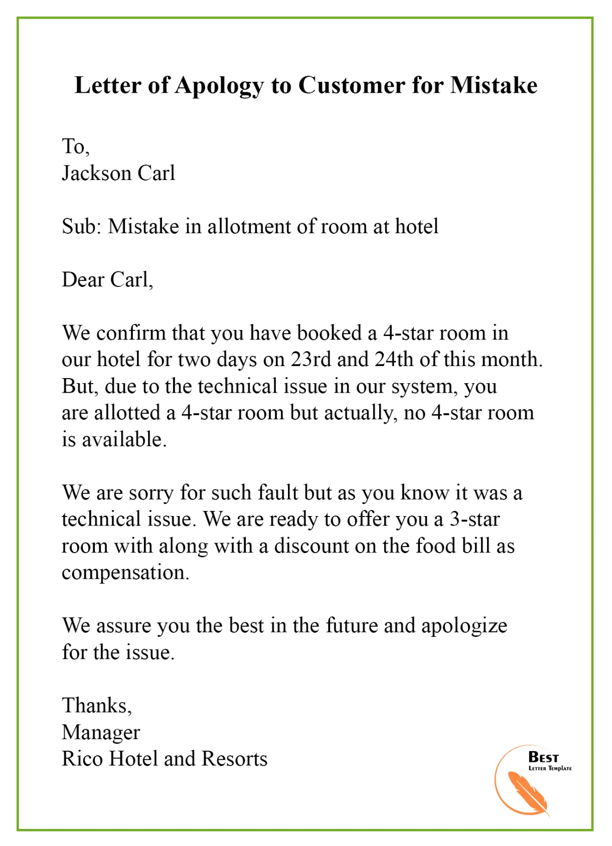 Apology Letter Template To Customer