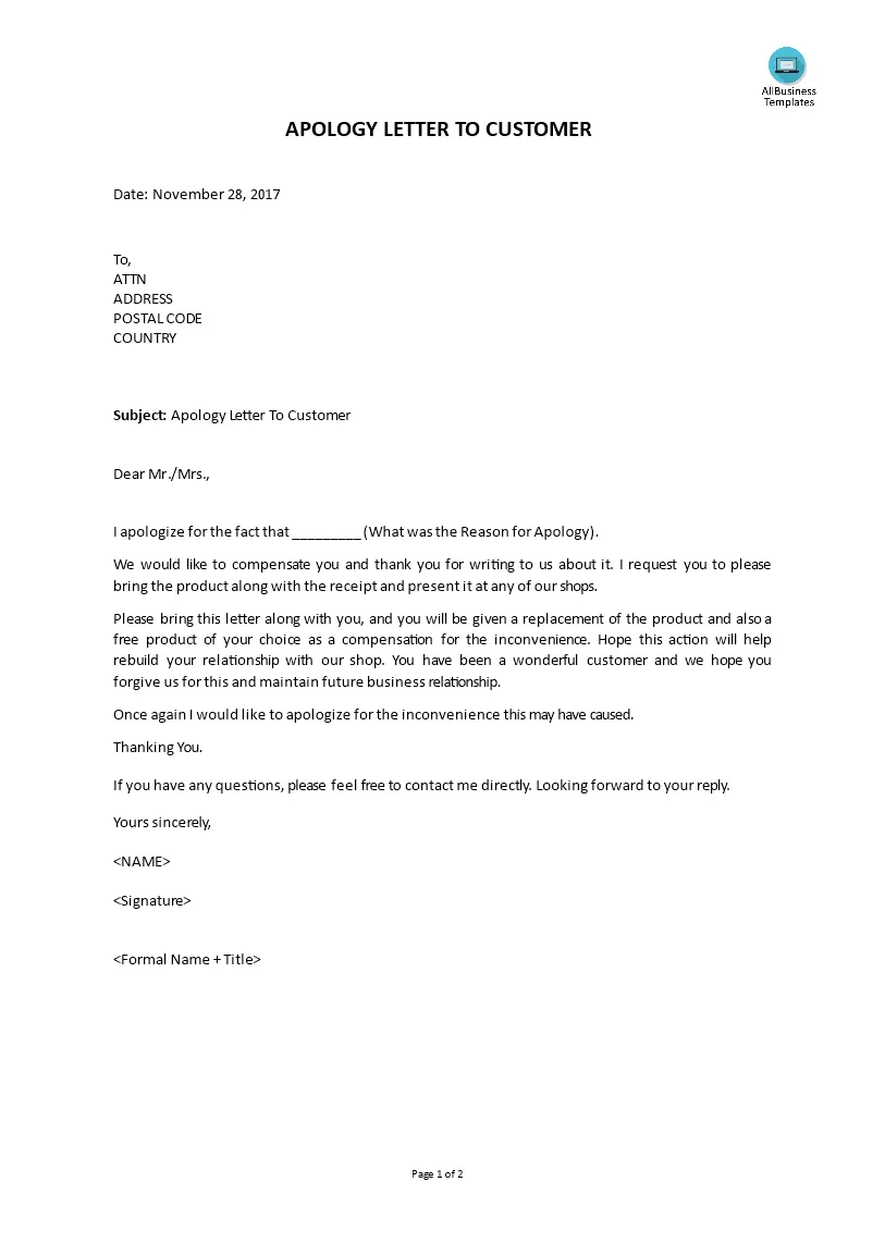Apology Letter To Customer | Templates at allbusinesstemplates.com