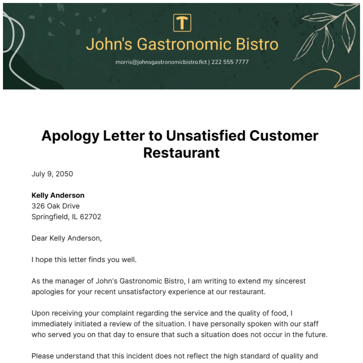 Free Apology Letter to Unsatisfied Customer Restaurant Template to Edit