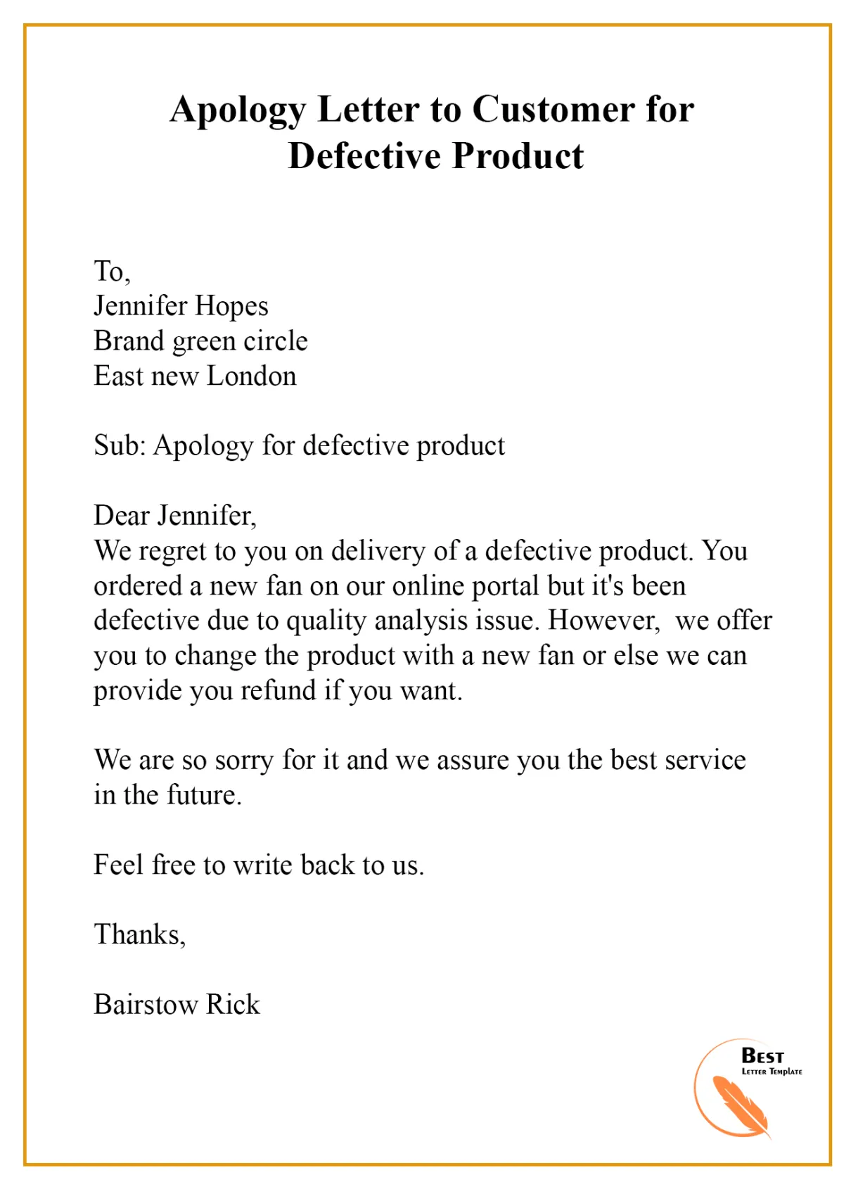 Apology-Letter-to-Customer-for-Defective-Product – Best Letter Template