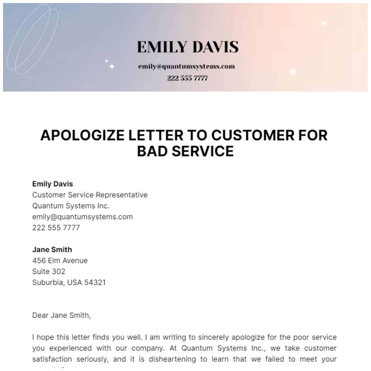 Example Of Apology Letter To Customer