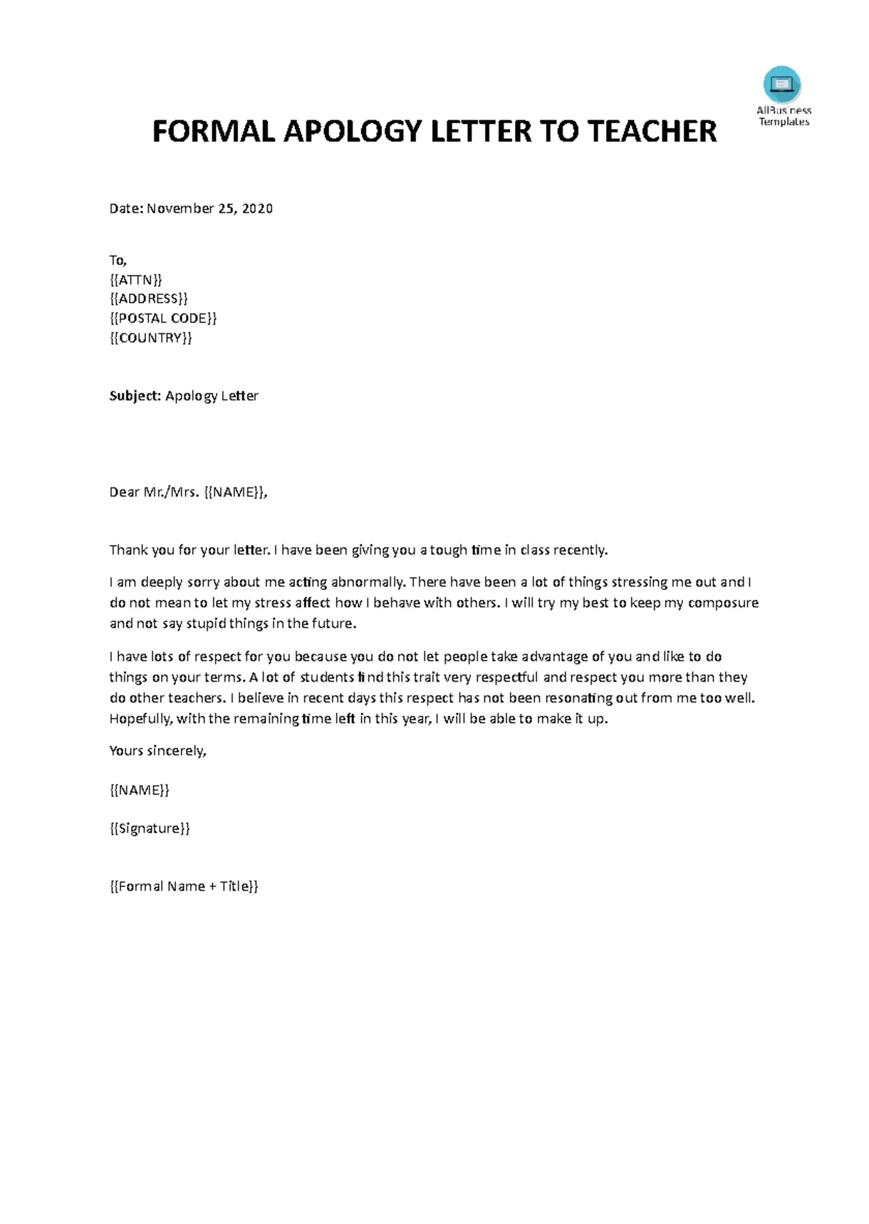 Apology Letter To Teacher