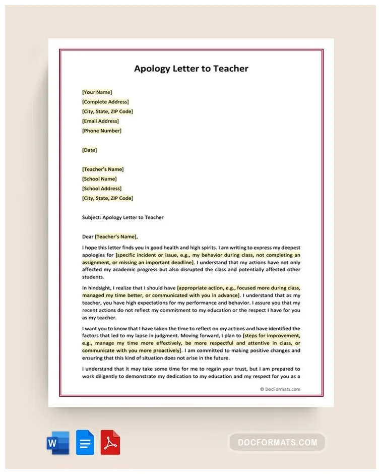 Apology Letter To Teacher