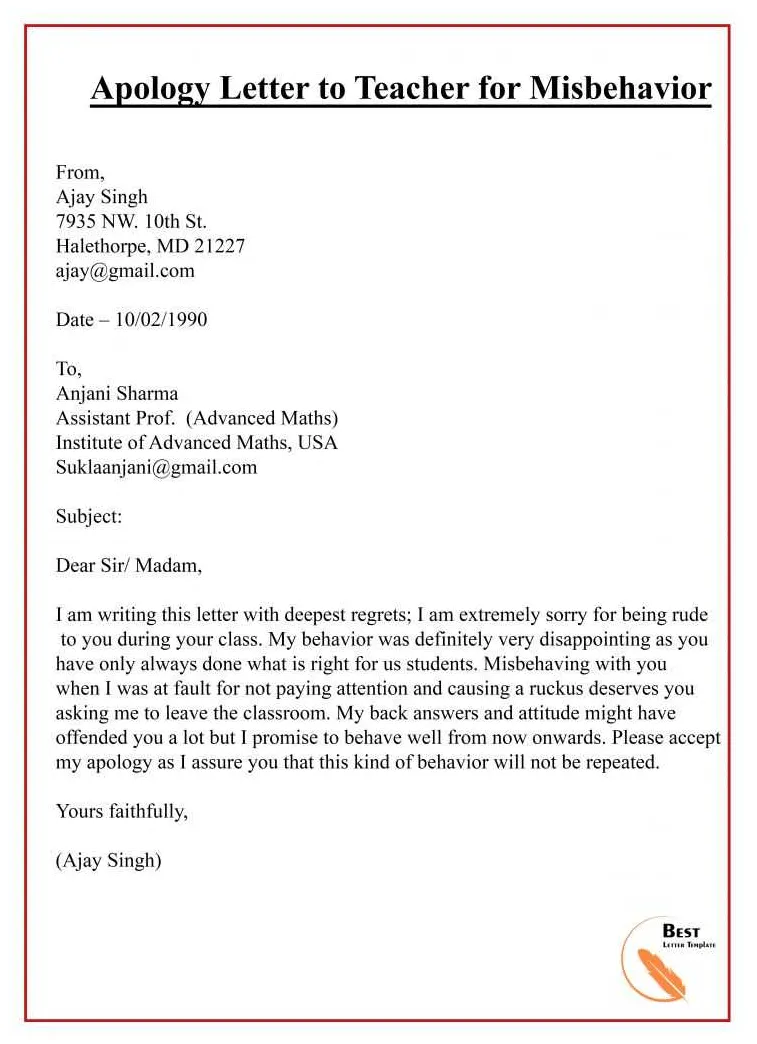 Apology Letter Template To Teacher/Principal - Sample & Example