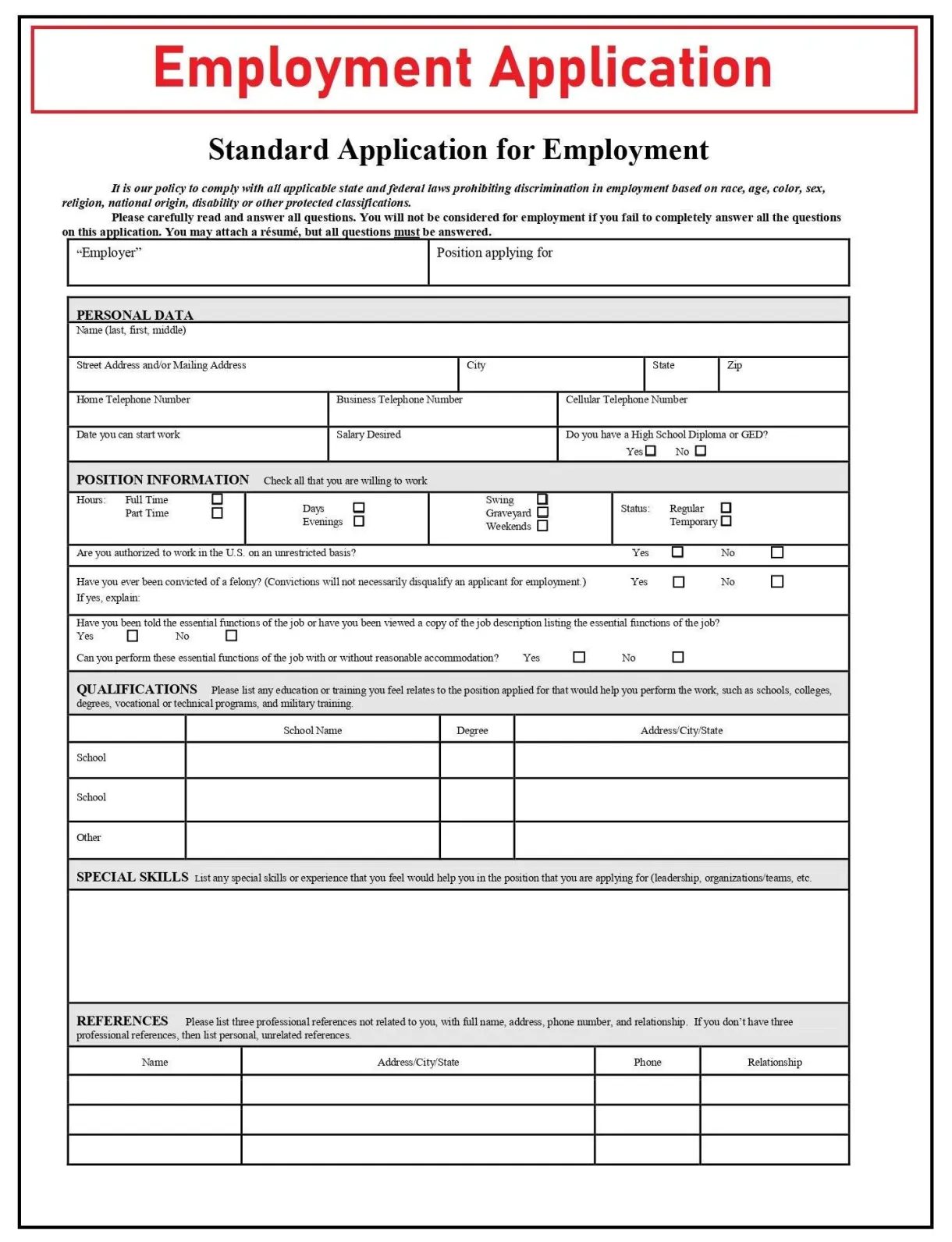 Job application form new employee form job application template