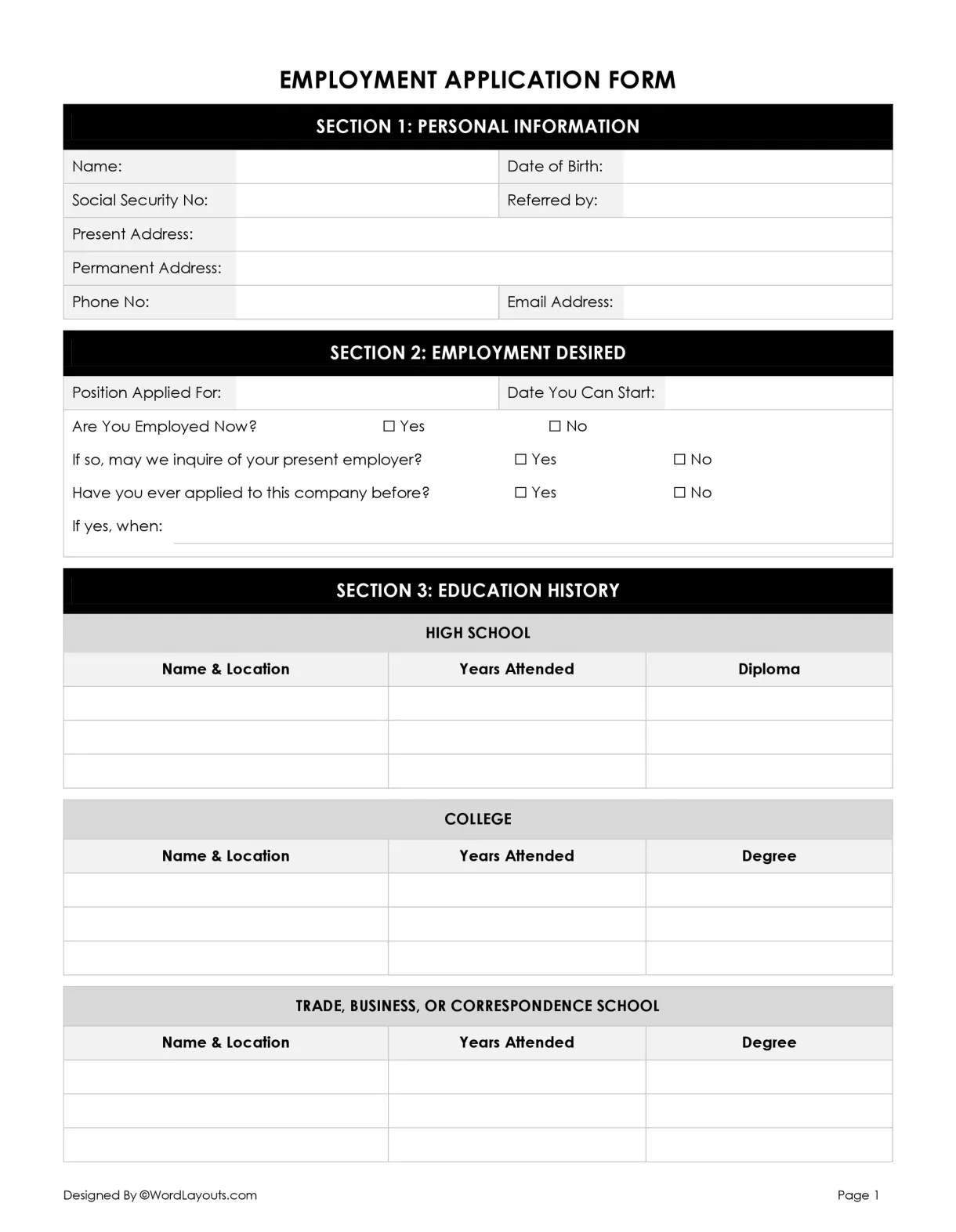 Free employment application form template wordlayouts worksheets