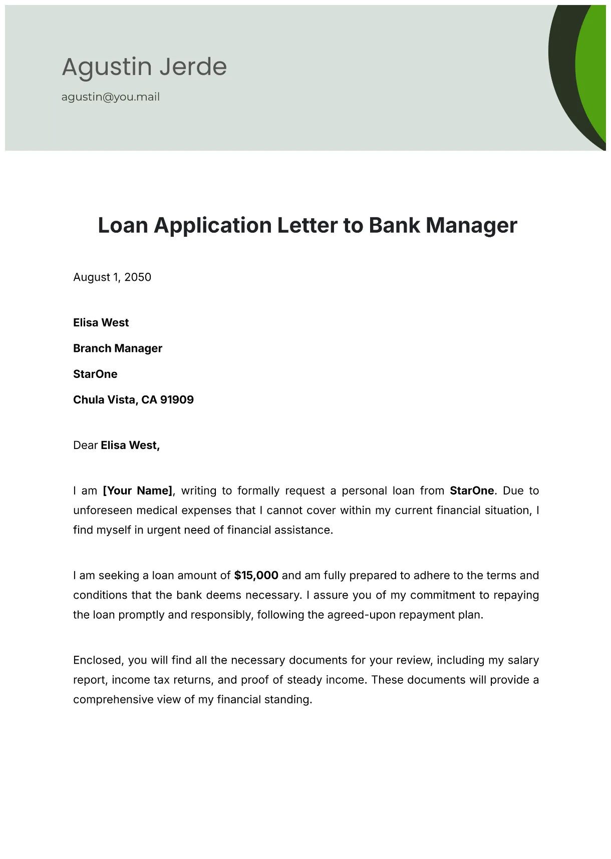 Free loan application letter to bank manager template to edit online