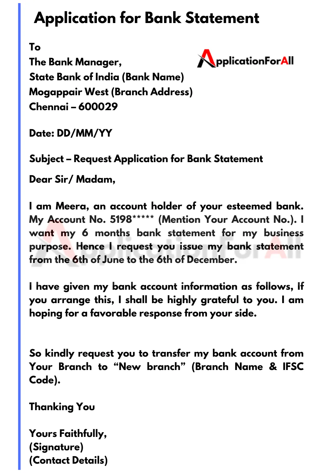 Application for bank statement letter, bank statement application