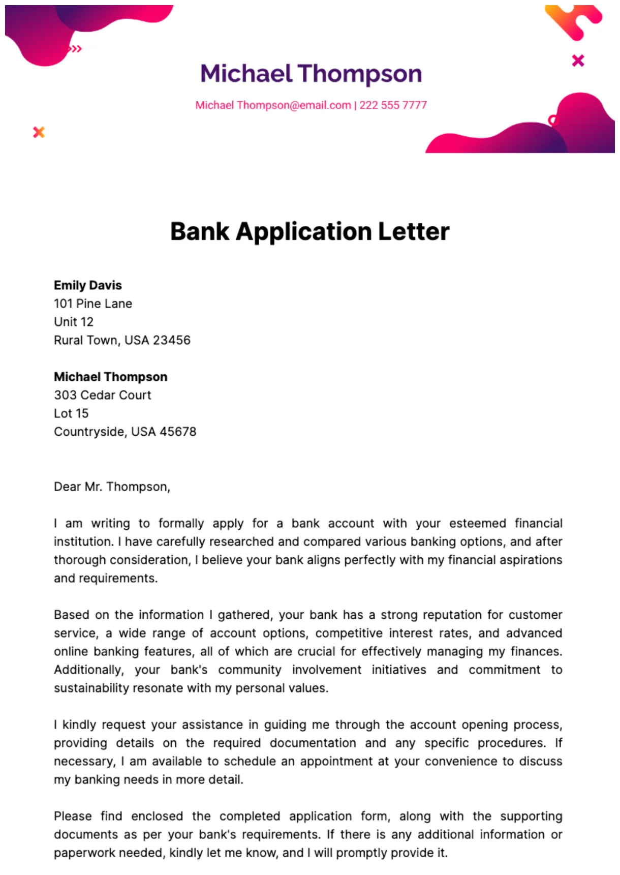 Free bank application letter template to edit online