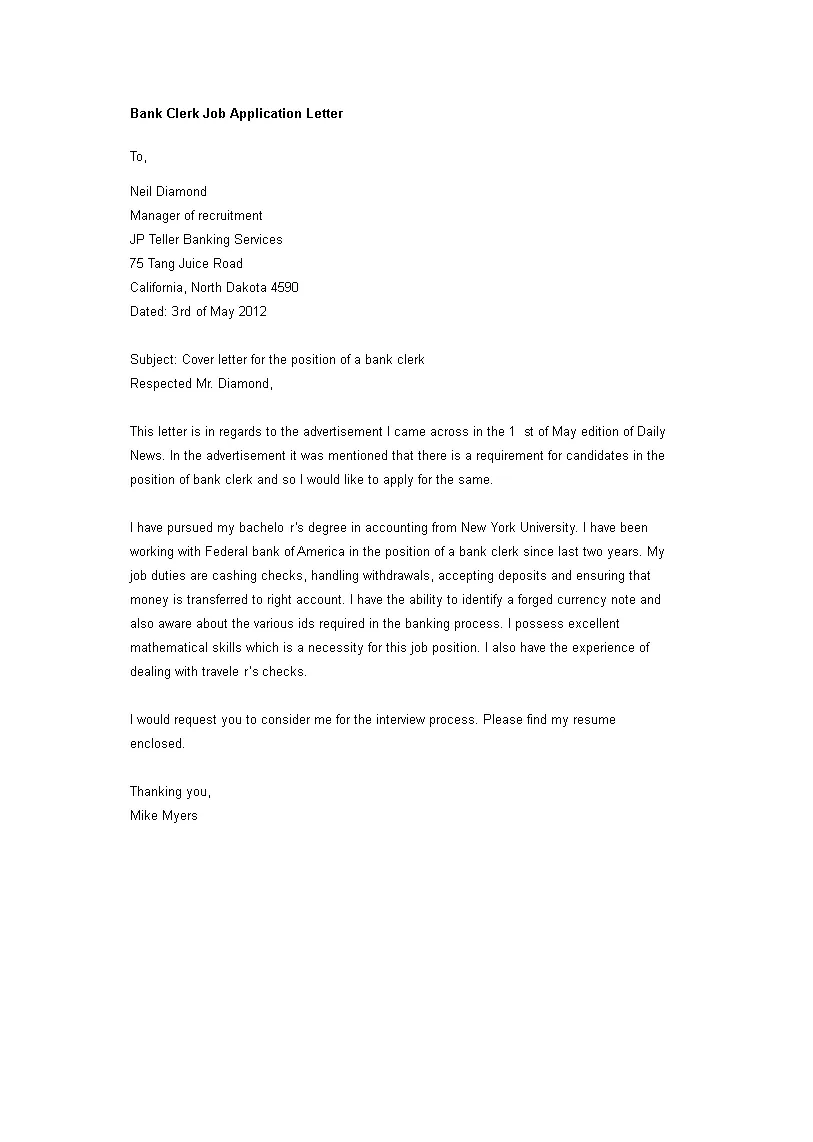 Bank clerk job application letter templates at allbusinesstemplates