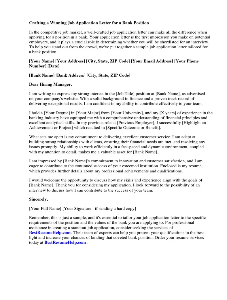 Sample job application letter for a bank pdf résumé recruitment