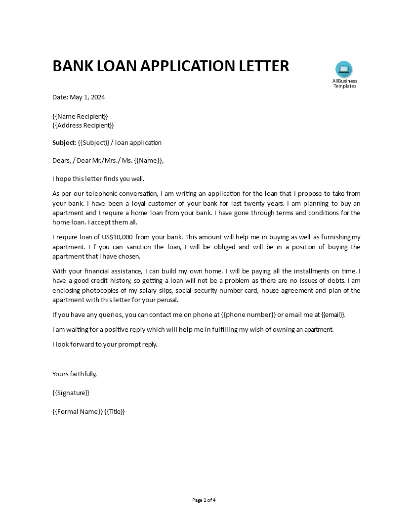 Bank loan application letter templates at allbusinesstemplates
