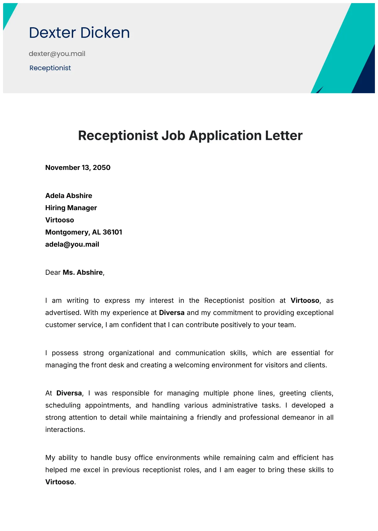 Free receptionist job application letter template to edit online printable coloring page
