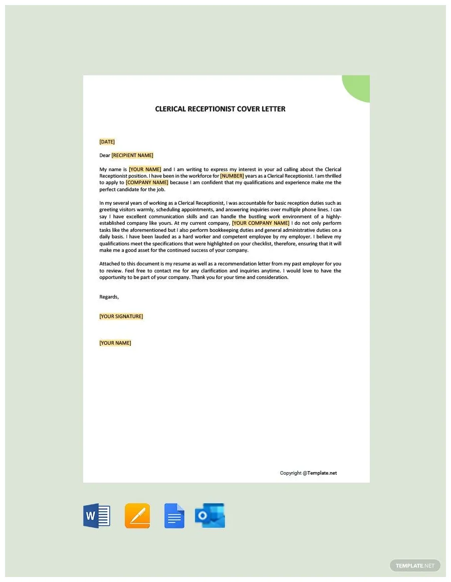 Application letter for the post of a receptionist template in word