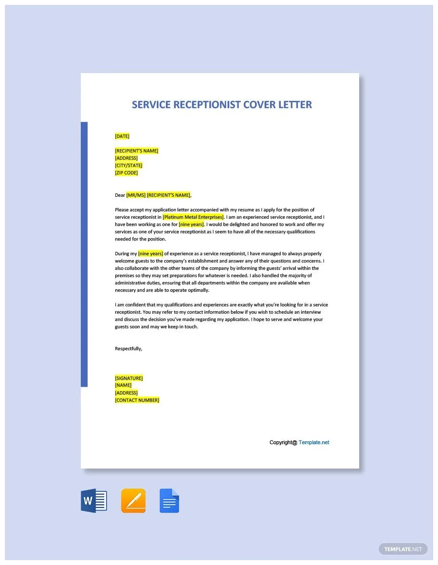 Receptionist application letter in pages, outlook, pdf, word, google printable coloring page