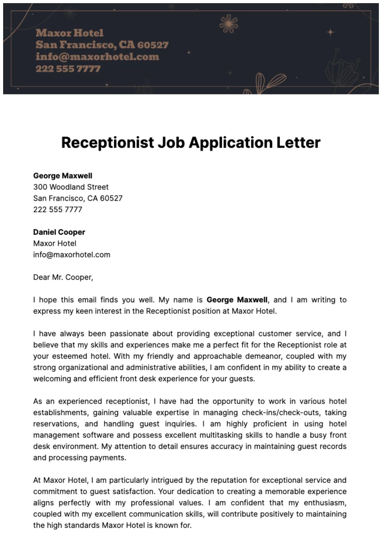 Free receptionist job application letter template edit online