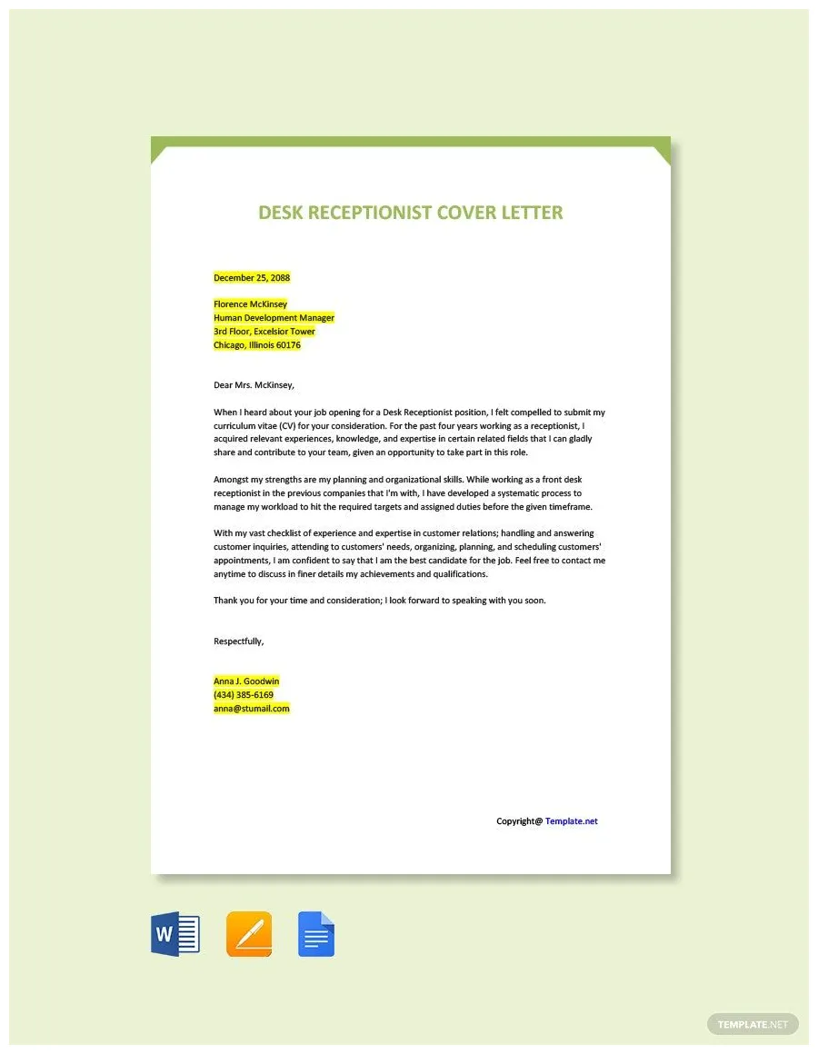 Application letter for the post of a receptionist template in word
