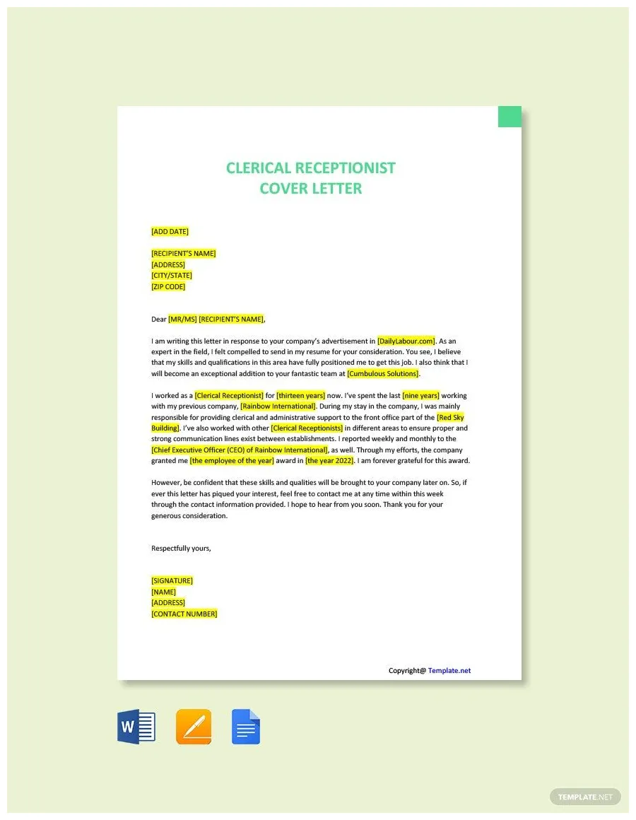 Receptionist application letter in pages, outlook, pdf, word, google