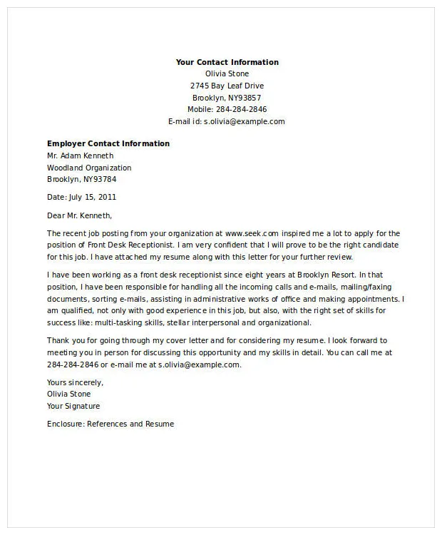 Application letter for the position of a hotel receptionist
