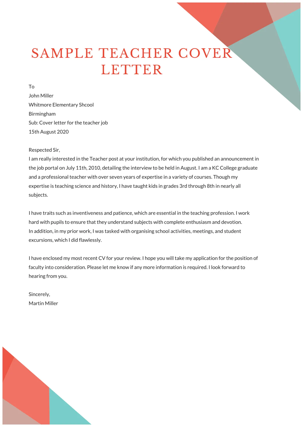Sample teacher cover letter template teacher job application letter