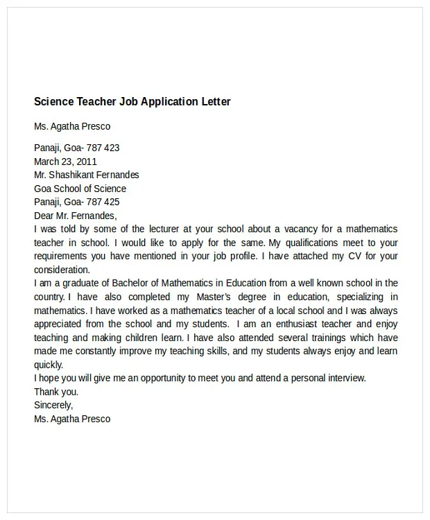 Job application letter sle pdf for teacher position infoupdate