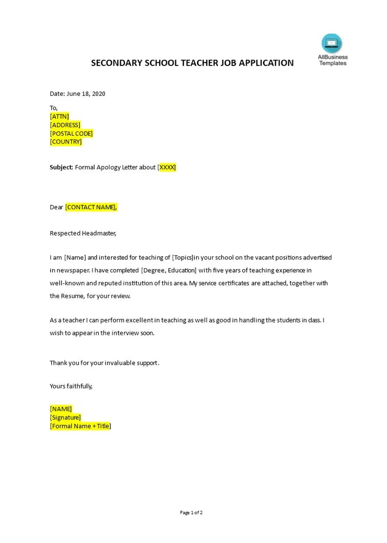 Application letter for secondary school teacher