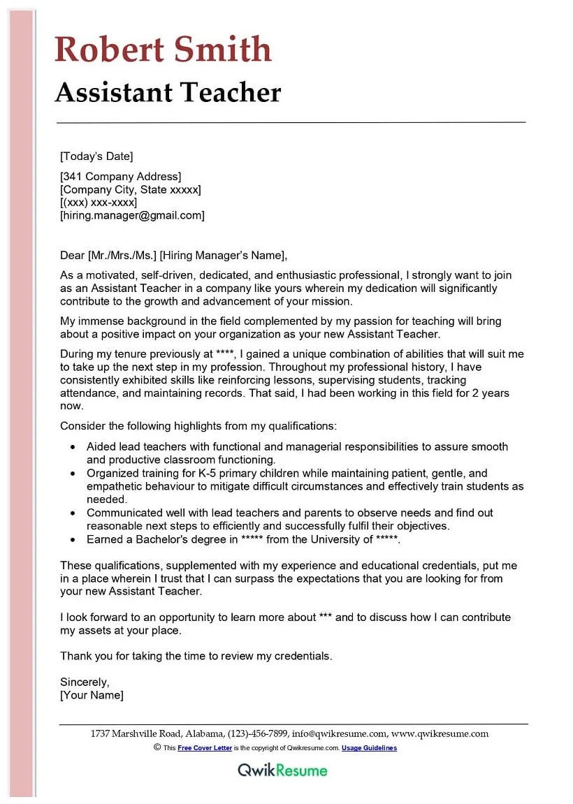 Application letter for the post of a primary teacher with no experience