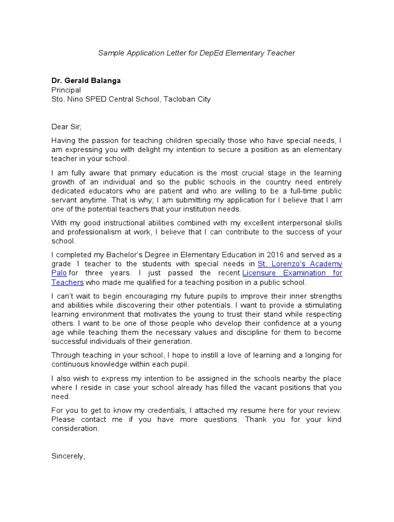 Sample application letter teacher pdf teachers schools