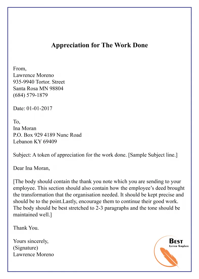 Appreciation letter template to employee sample & example