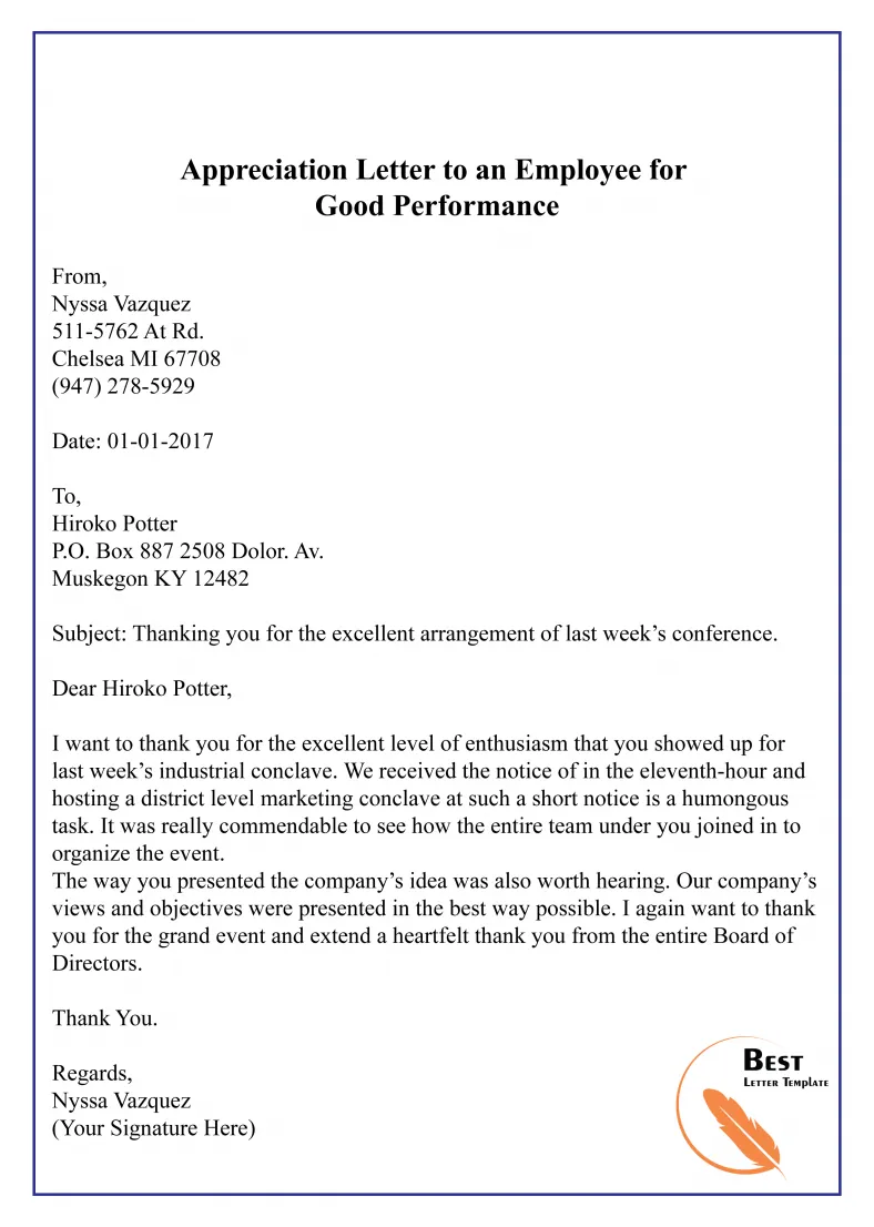 Appreciation letter template to employee sample & example
