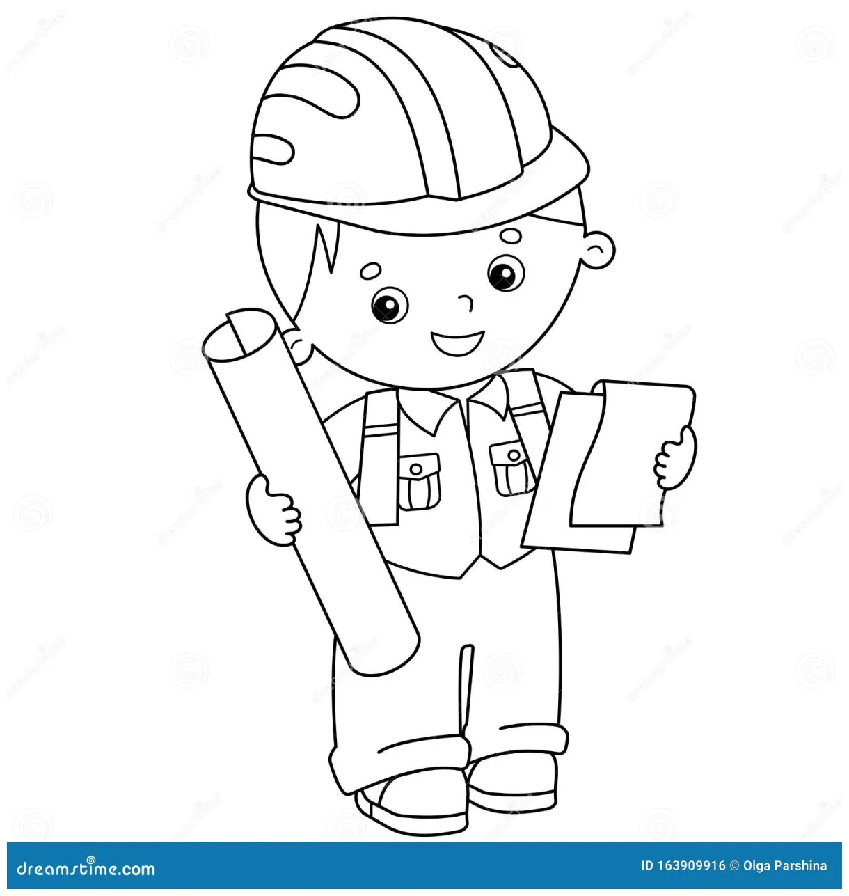 Coloring page outline of cartoon architect with plan of building