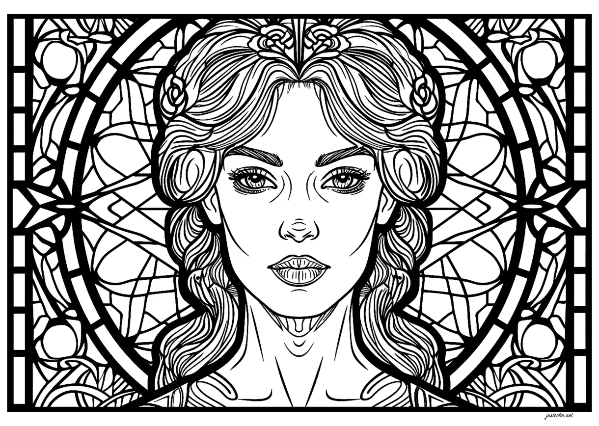 Woman's face in an Art Deco stained glass window - Art Deco Coloring