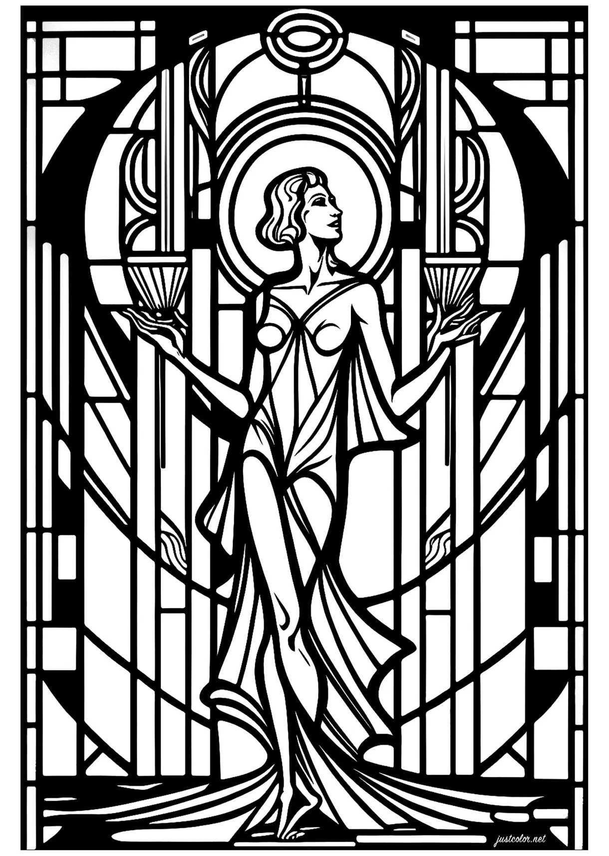 Art Deco stained glass with an elegant woman - Art Deco Coloring Pages