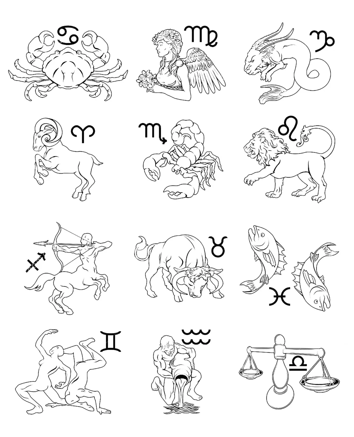 Zodiac signs astrology horoscope myths & legends adult coloring pages