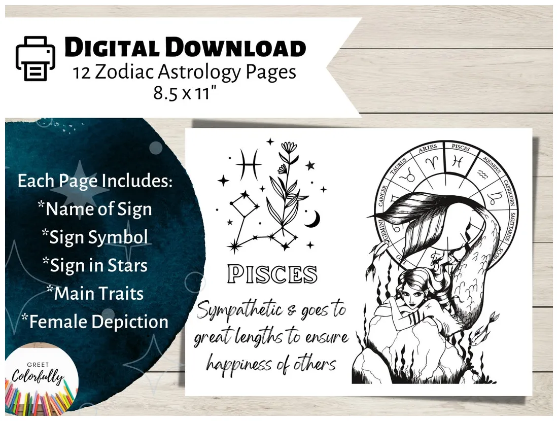 Astrology coloring pages, zodiac signs, unique gift for astrology and