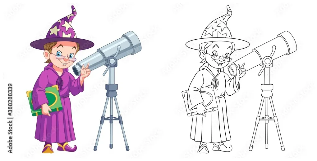 Coloring page with astronomer. Line art drawing for kids activity