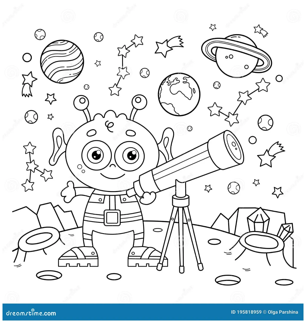 Coloring Page Outline Of A Cartoon Little Alien With Telescope. Space