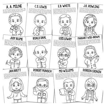 Famous author study coloring pages, posters, and research report activities