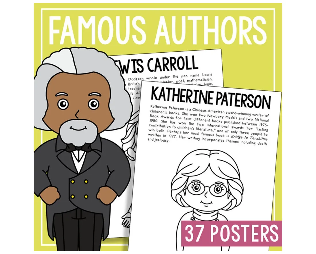 Famous authors coloring pages activity classroom bulletin board decor