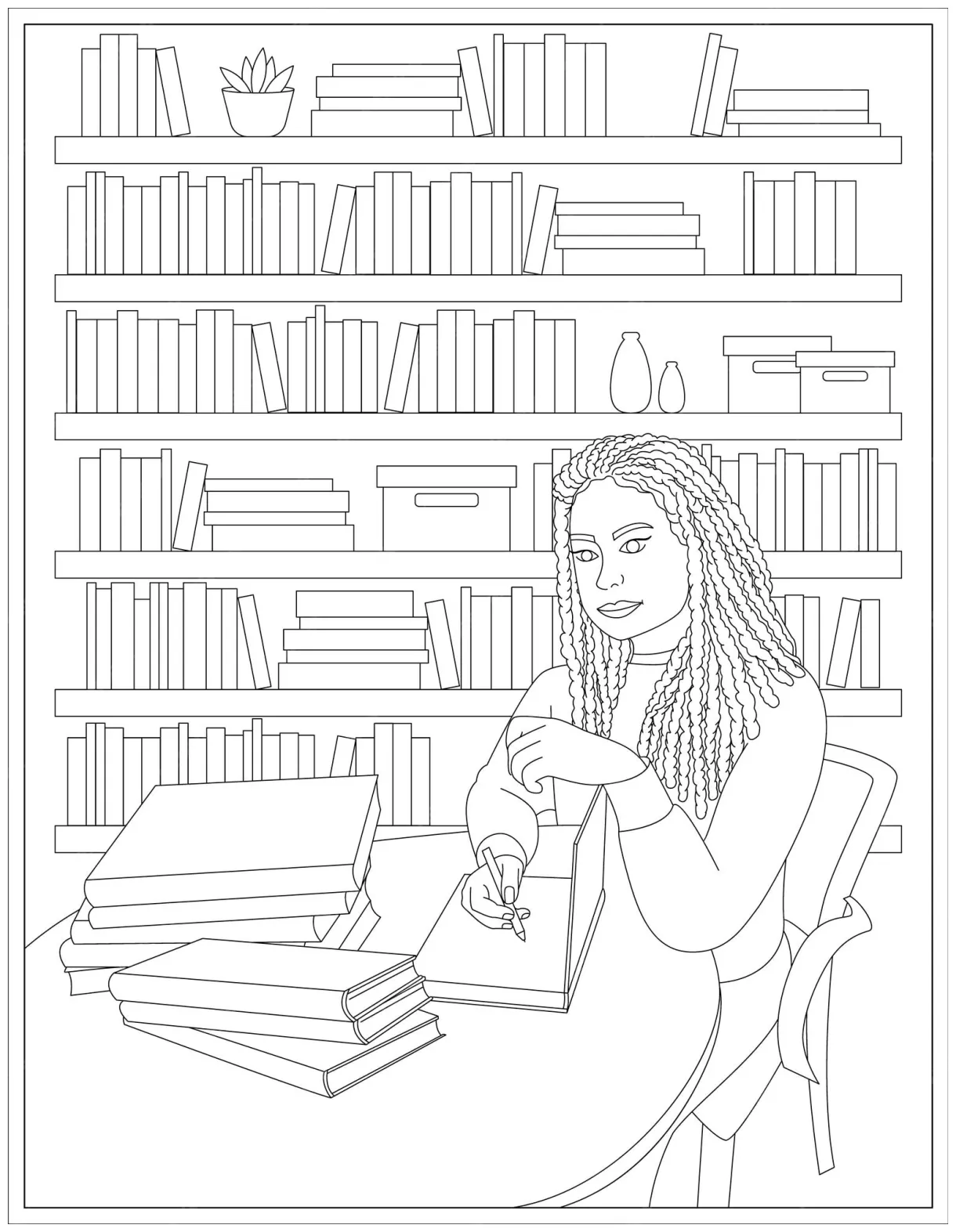 Premium vector coloring page of black woman writer with pen writing