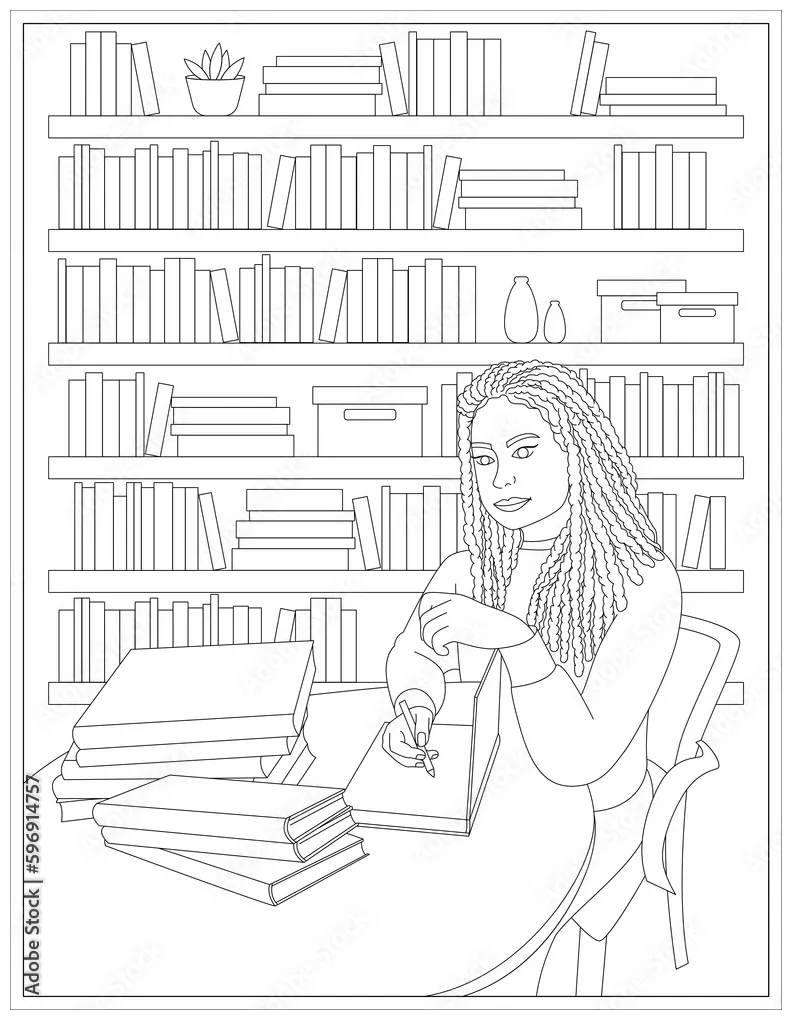 Coloring page of black woman writer with pen writing an autograph in