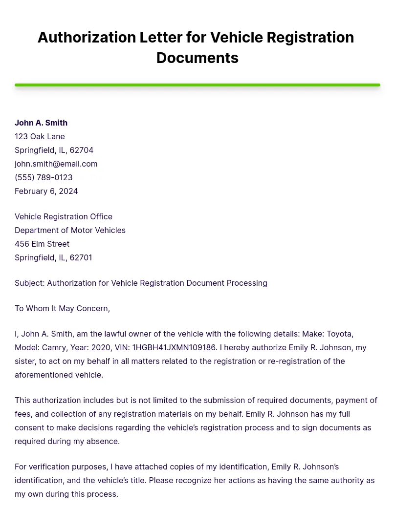 Authorization letter for vehicle registration documents example [edit printable coloring page