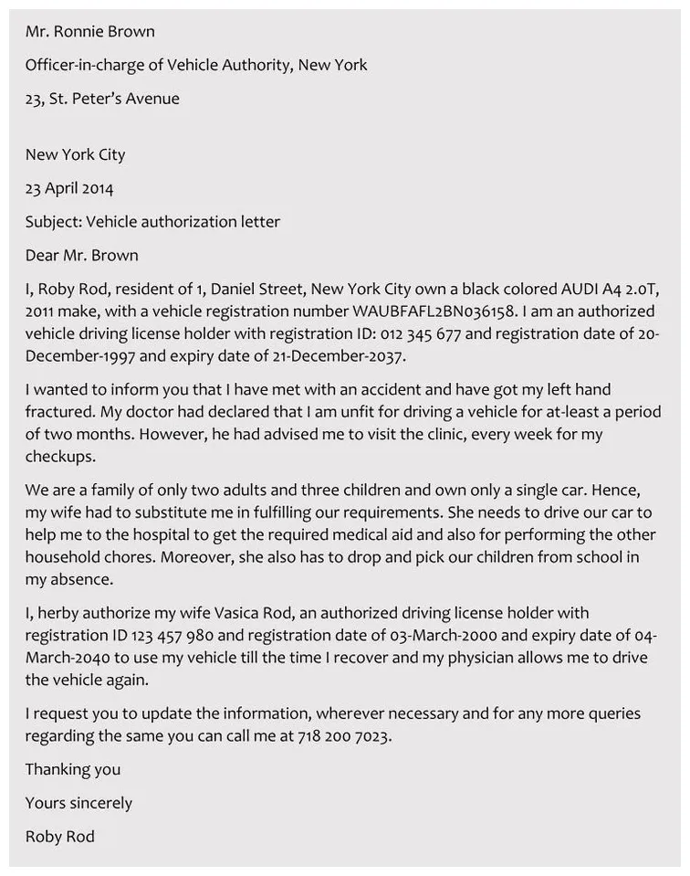 Authorization letter for car driver