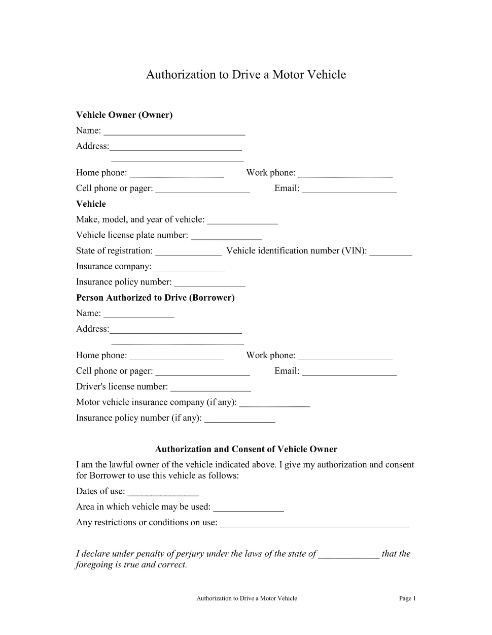 Vehicle authorization letter printable blank pdf online