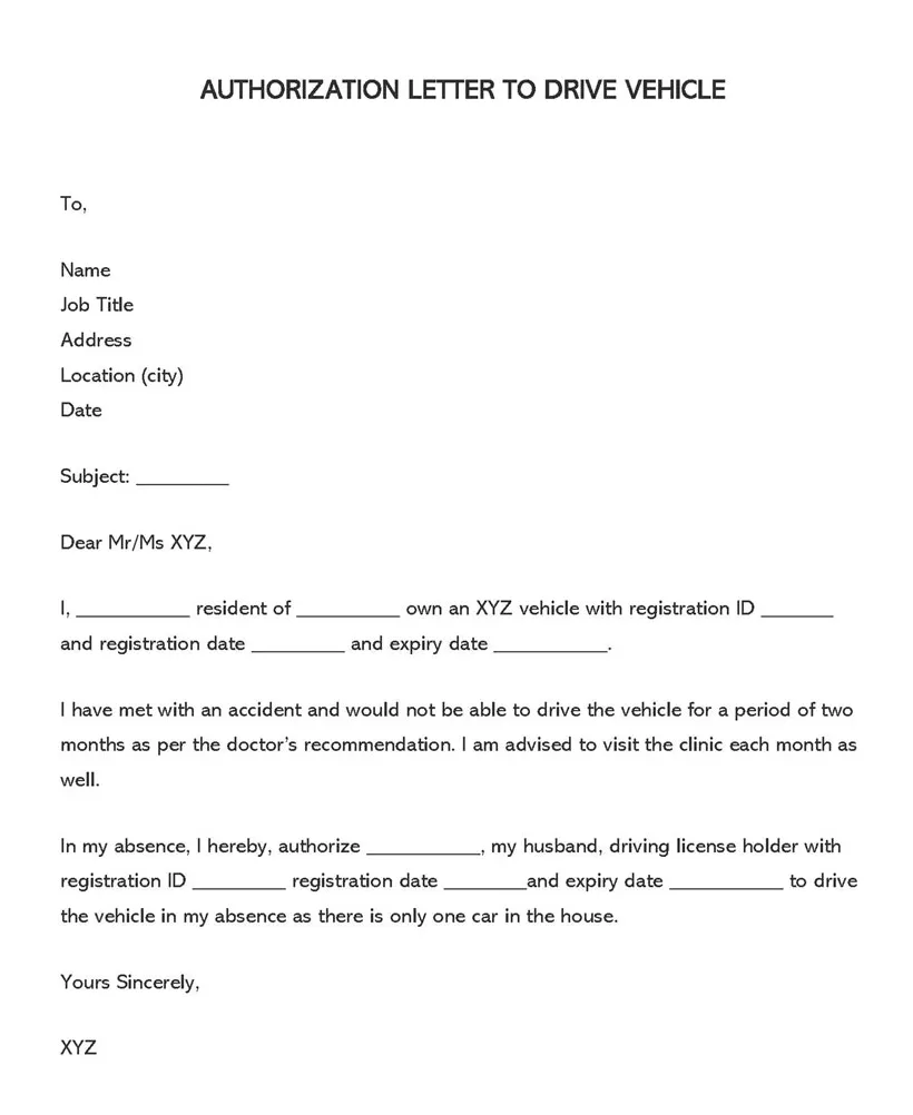 Authorization to drive vehicle sample letters & templates