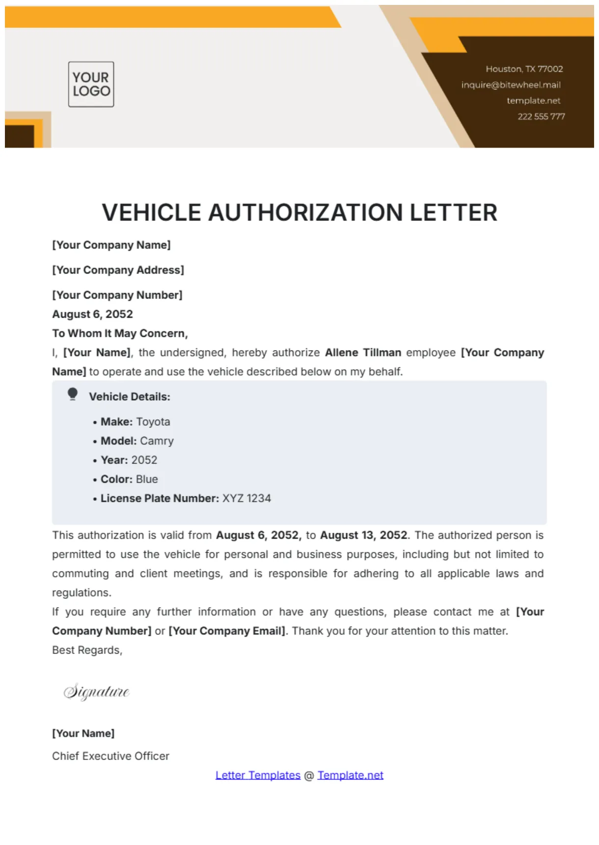 Free vehicle authorization letter template to edit online