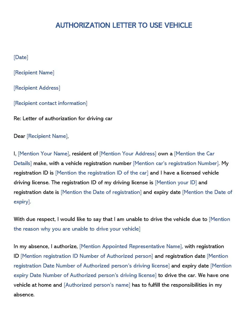 Authorization to drive vehicle sample letters & templates