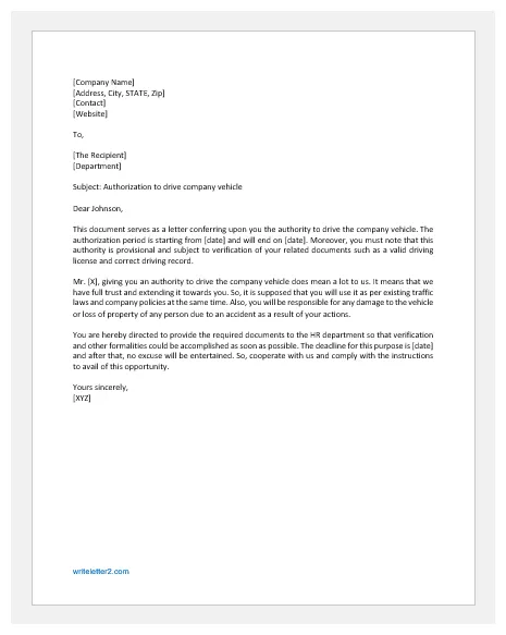 Authorization letter to drive company vehicle writeletter2 printable coloring page