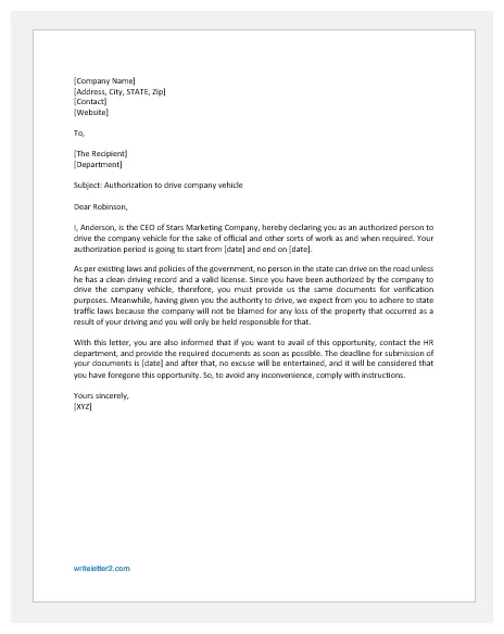 Authorization letter to drive company vehicle writeletter2